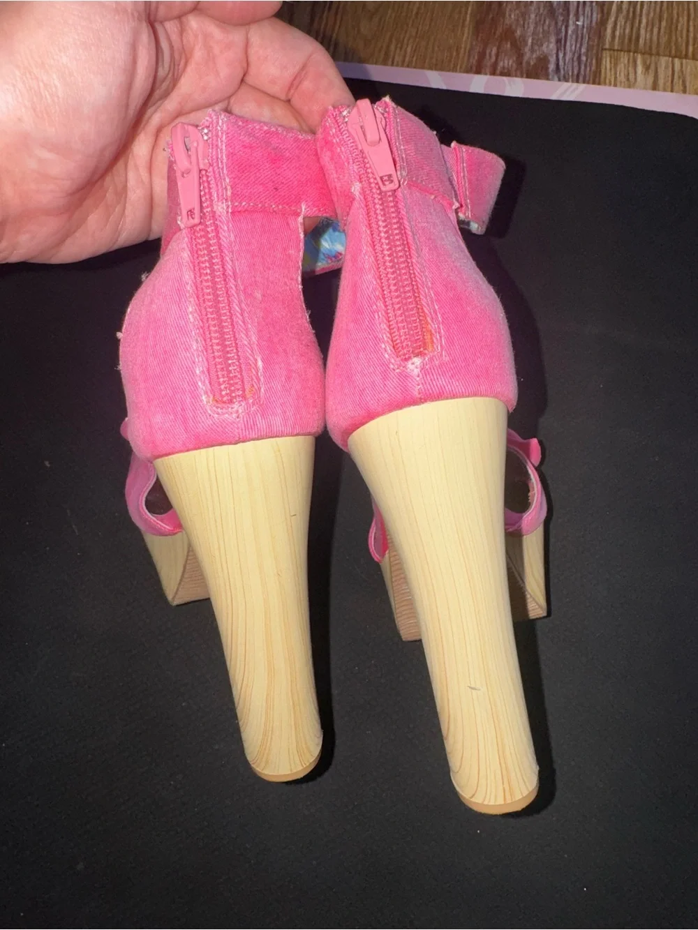 Qupid Hot Pink Suede Platform Sandals with Wood-Look Block Heel